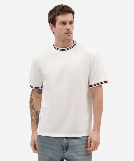 camiseta masculina com algodão e listras manga curta off white