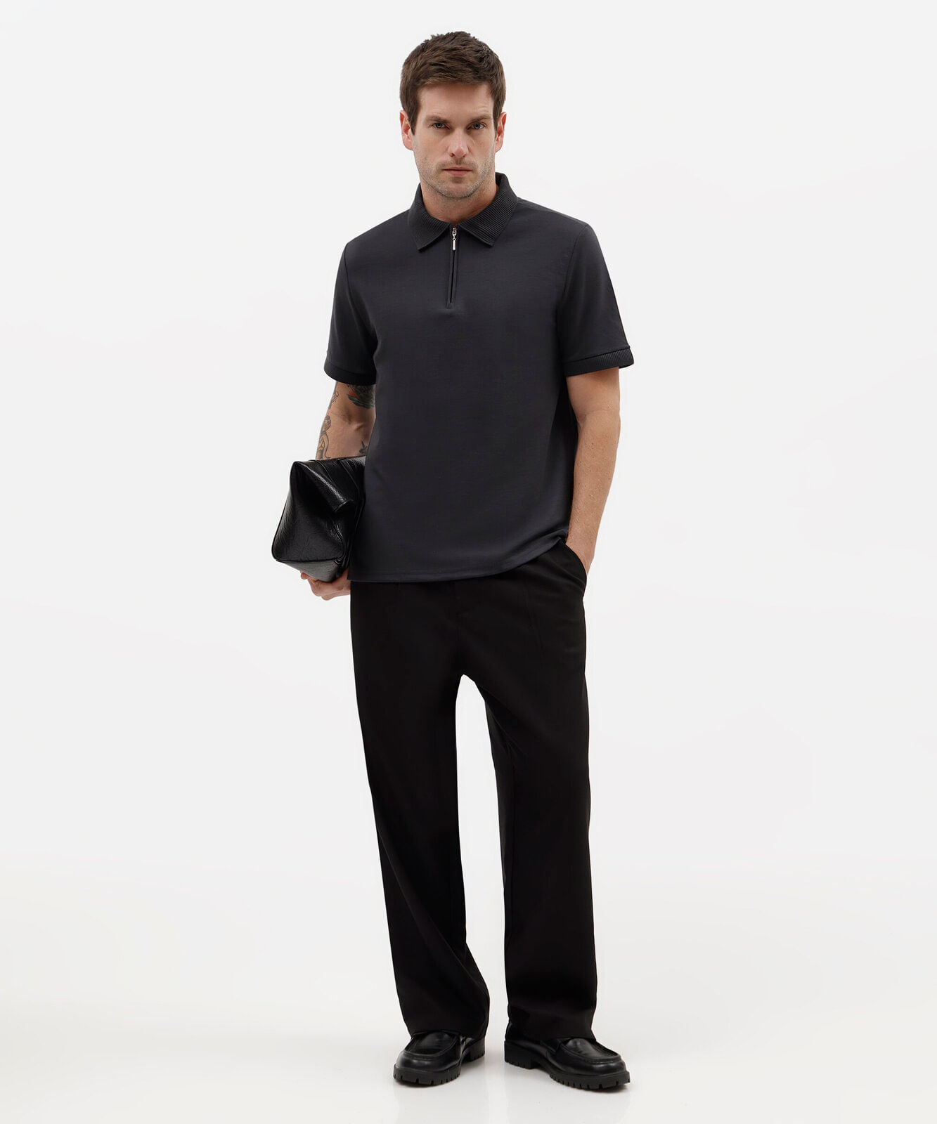 polo masculina com algodão e zíper manga curta cinza