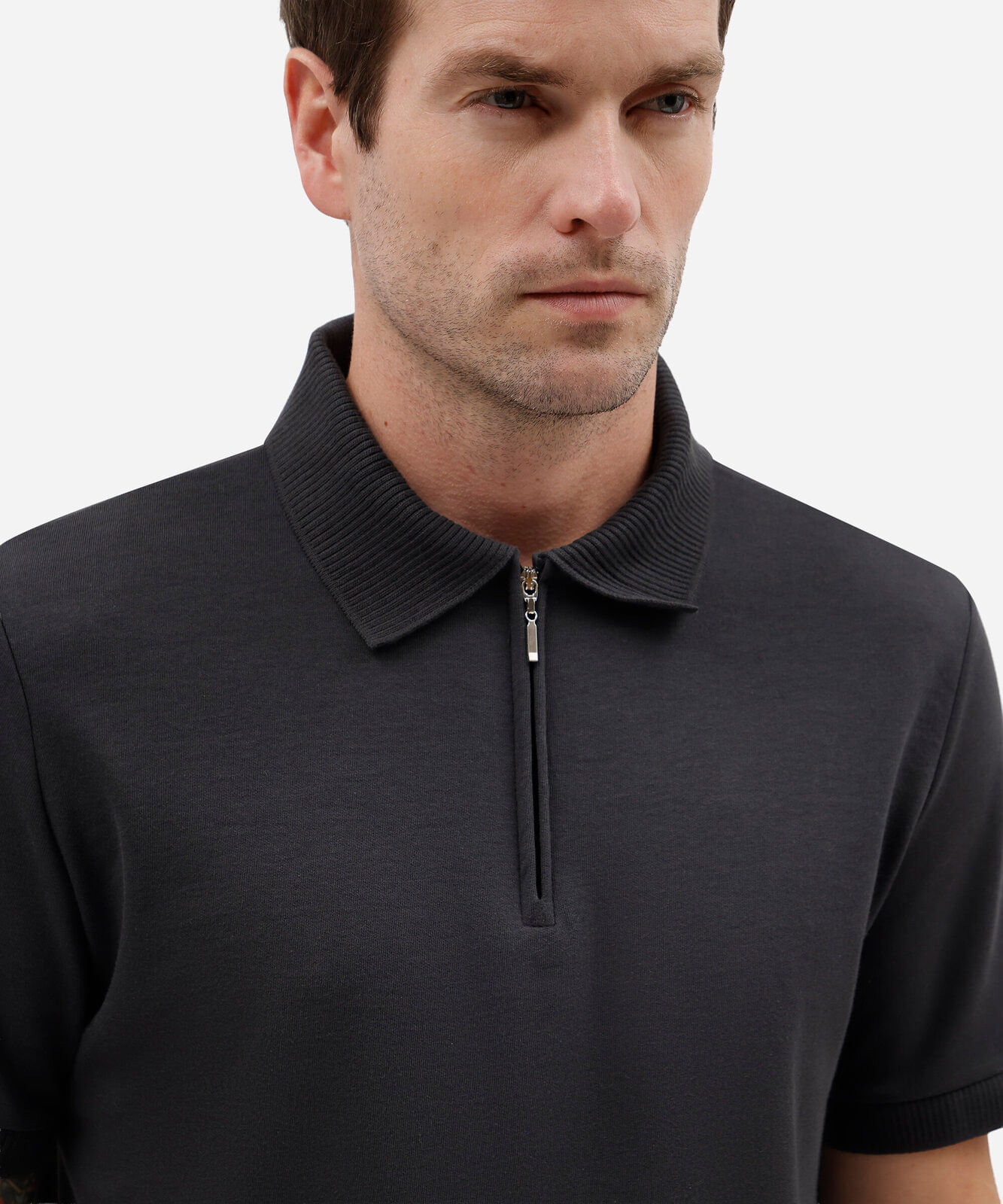 polo masculina com algodão e zíper manga curta cinza