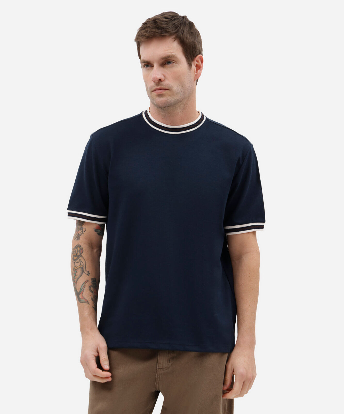 camiseta masculina com algodão e listras manga curta azul