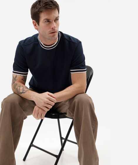 camiseta masculina com algodão e listras manga curta azul