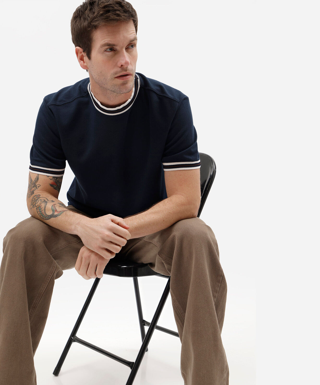camiseta masculina com algodão e listras manga curta azul