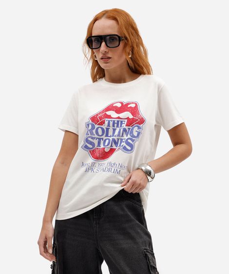 camiseta feminina de algodão manga curta the rolling stones off white