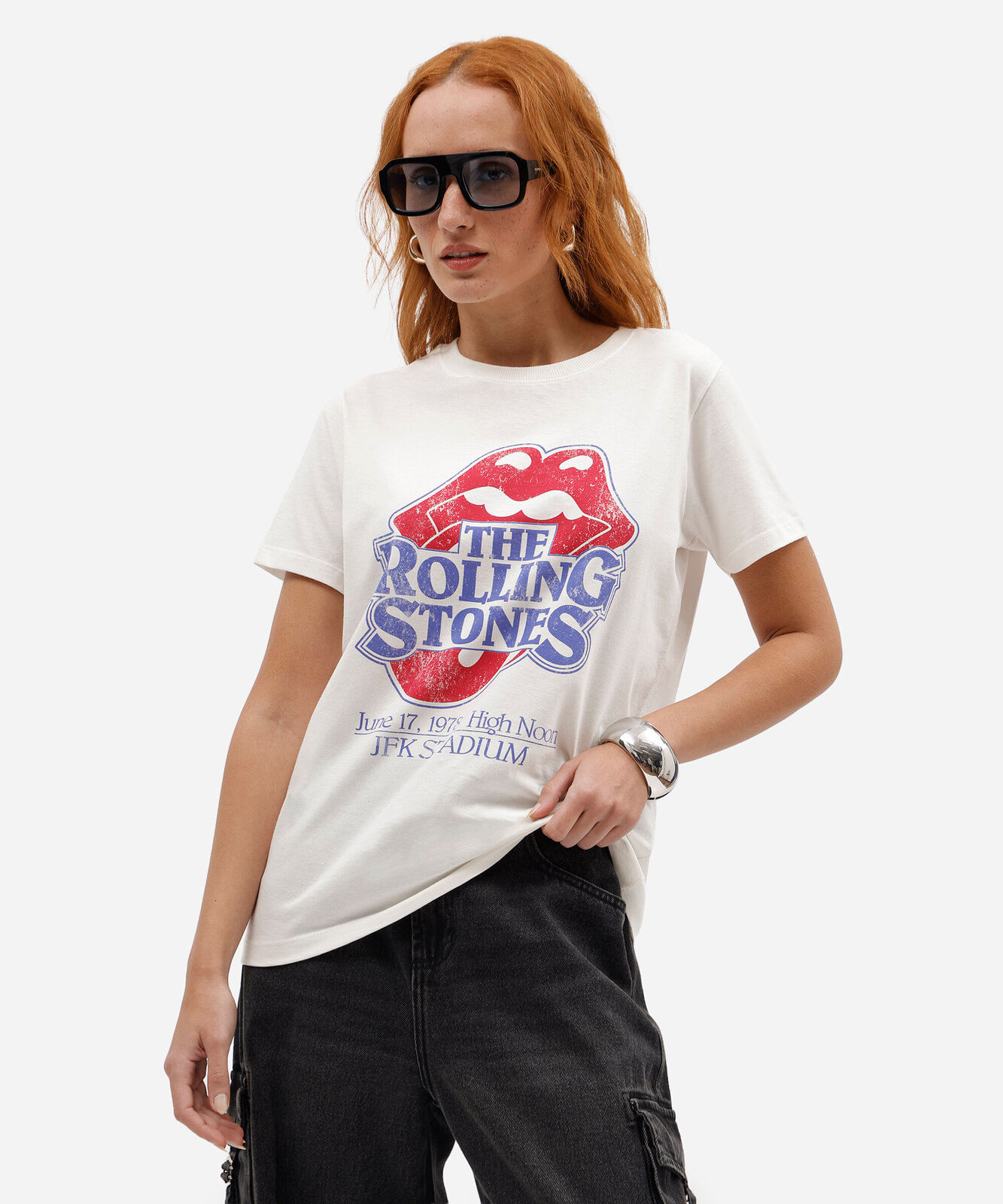 camiseta feminina de algodão manga curta the rolling stones off white