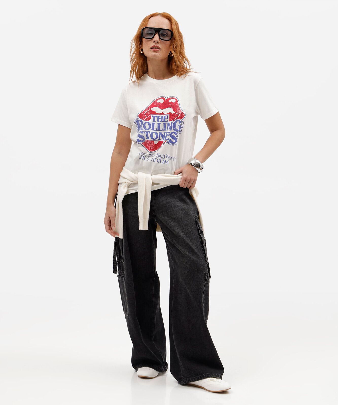 camiseta feminina de algodão manga curta the rolling stones off white
