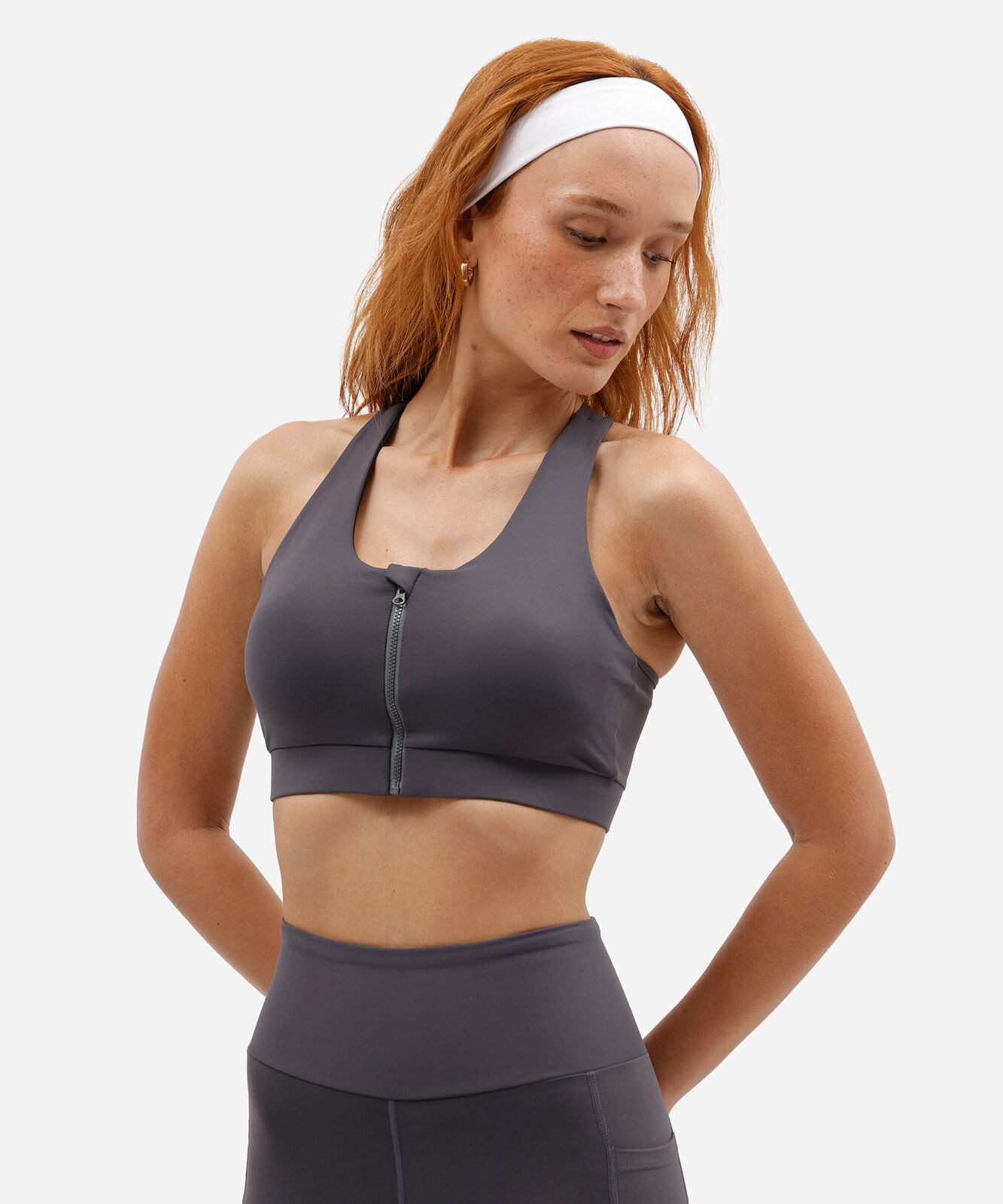 top nadador feminino esportivo com zíper cinza
