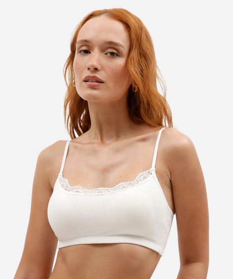 sutiã top feminino canelado com renda off white