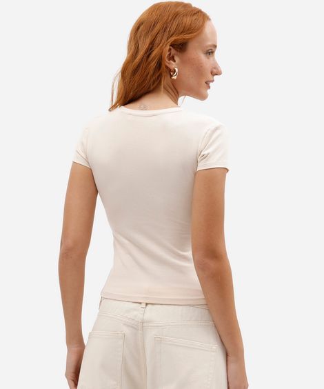 camiseta básica feminina de algodão com decote v bege