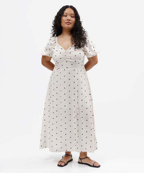 vestido midi feminino de viscose manga bufante poá plus size off white