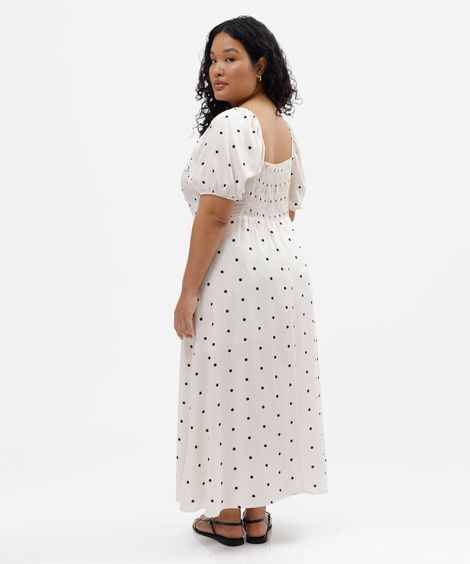 vestido midi feminino de viscose manga bufante poá plus size off white