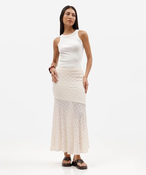 saia midi feminina renda com recorte floral off white