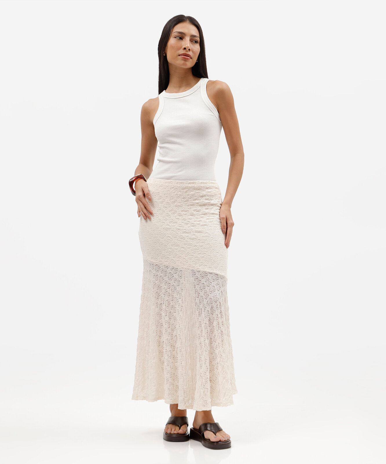 saia midi feminina renda com recorte floral off white