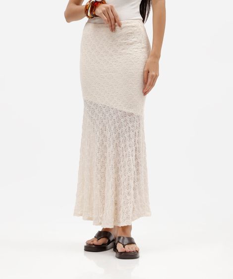 saia midi feminina renda com recorte floral off white