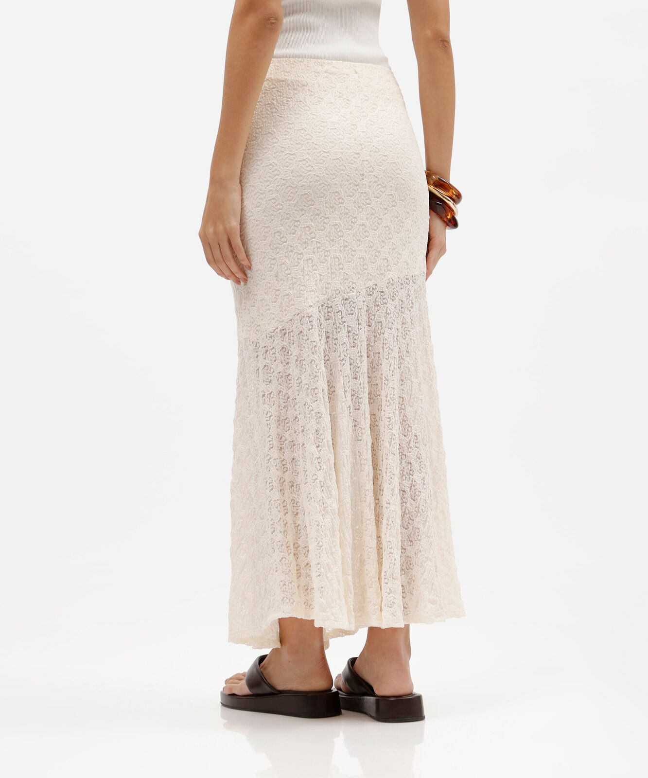 saia midi feminina renda com recorte floral off white