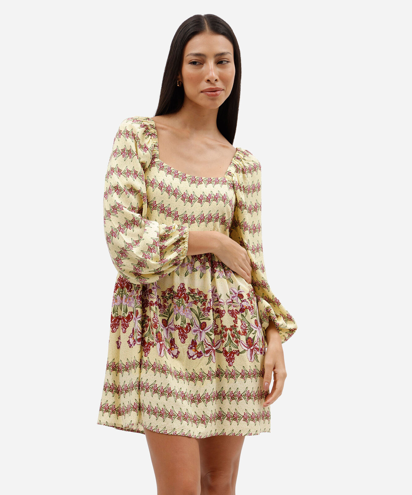 Vestido curto feminino de viscose manga longa floral amarelo