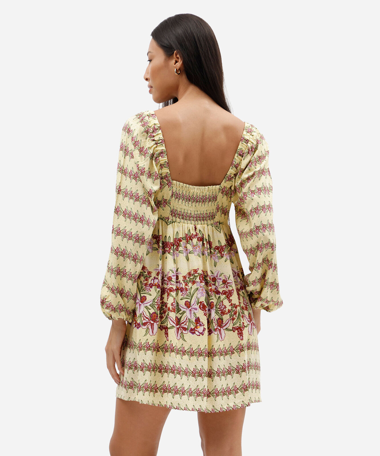 vestido curto feminino de viscose manga longa floral amarelo