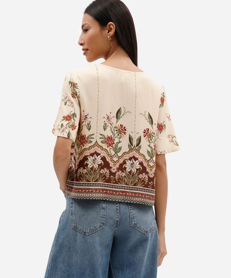 blusa feminina de viscose decote manga curta floral bege