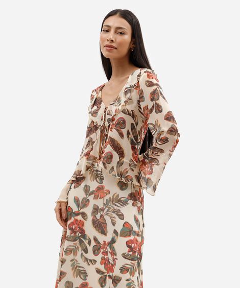 blusa feminina decote v manga longa com babado e amarração amarela