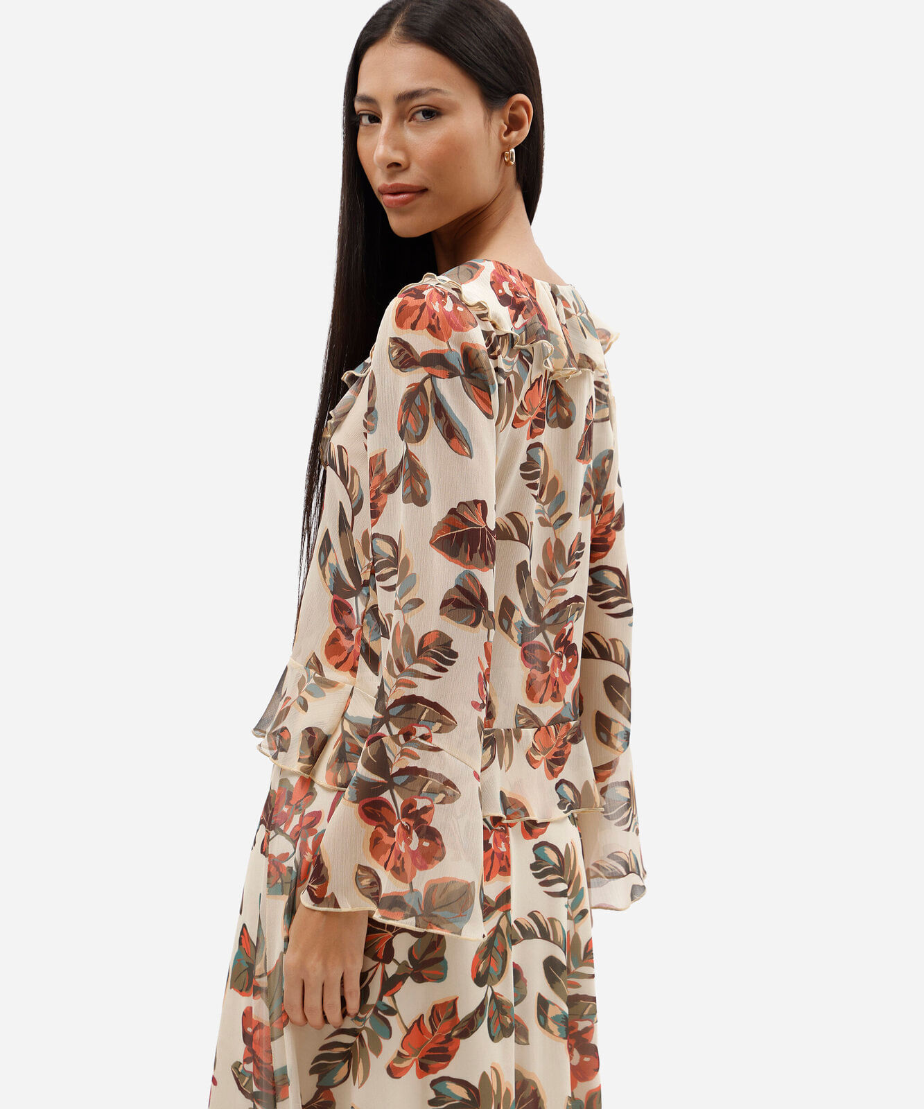 blusa feminina decote v manga longa com babado e amarração amarela