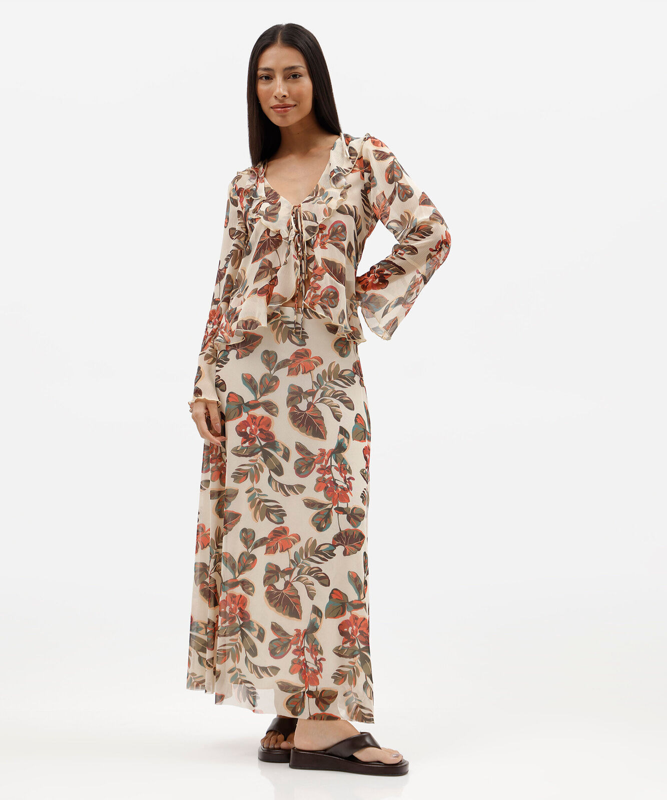 blusa feminina decote v manga longa com babado e amarração amarela