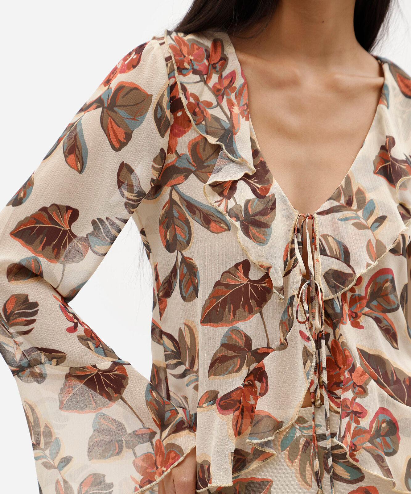 blusa feminina decote v manga longa com babado e amarração amarela