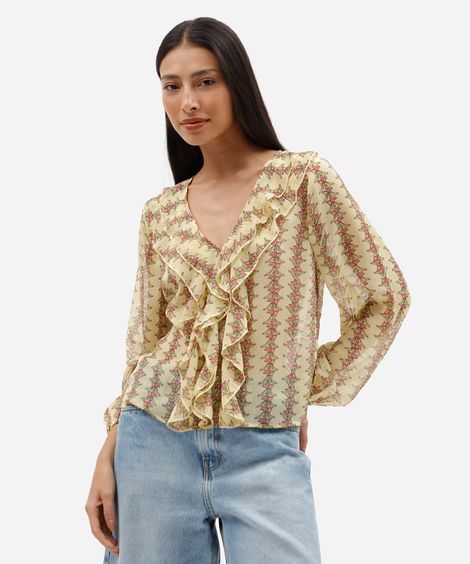 bata feminina manga longa com babados floral amarela
