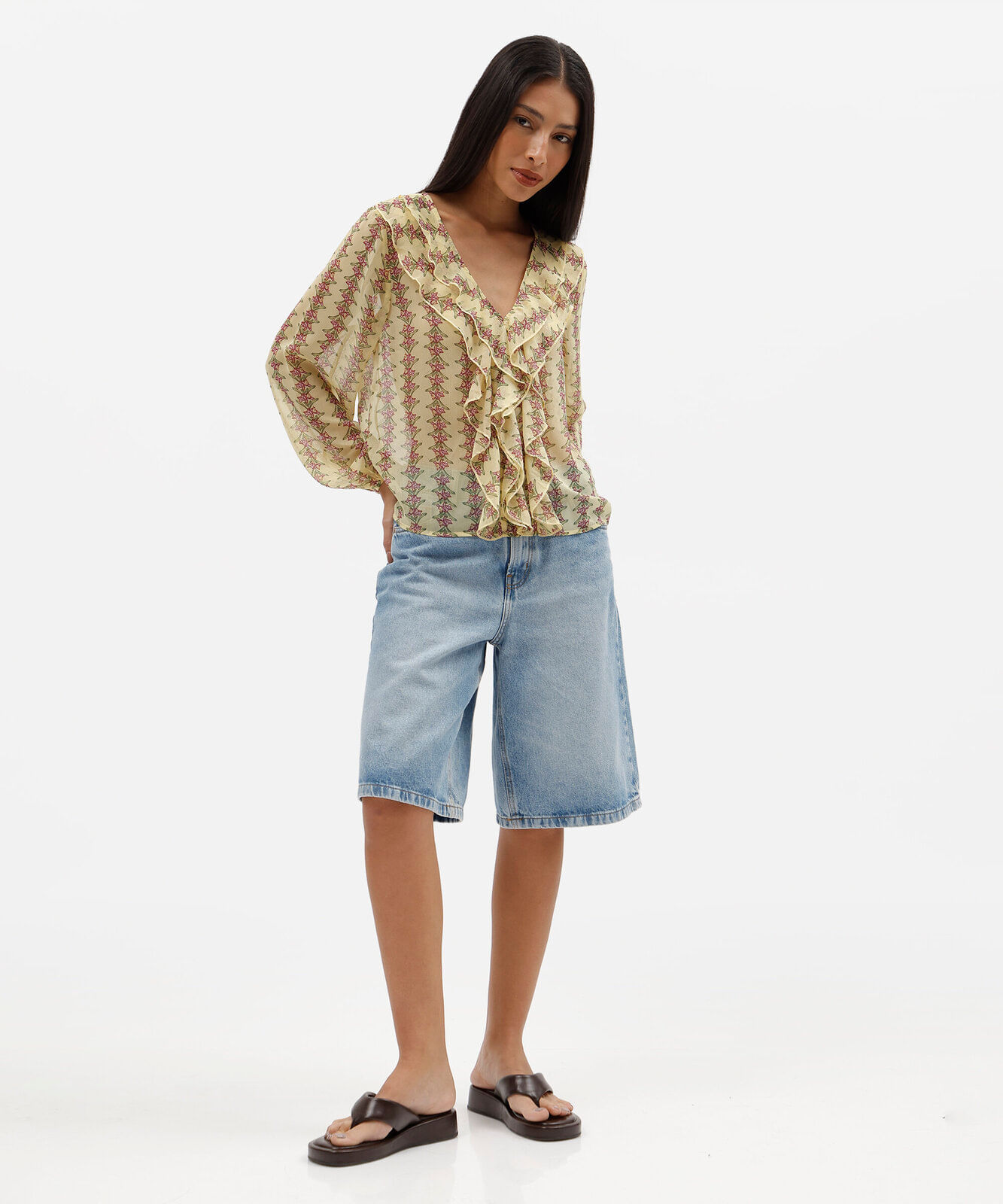 bata feminina manga longa com babados floral amarela