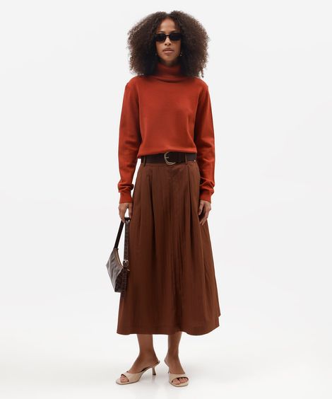 saia midi feminina com cinto texturizada marrom