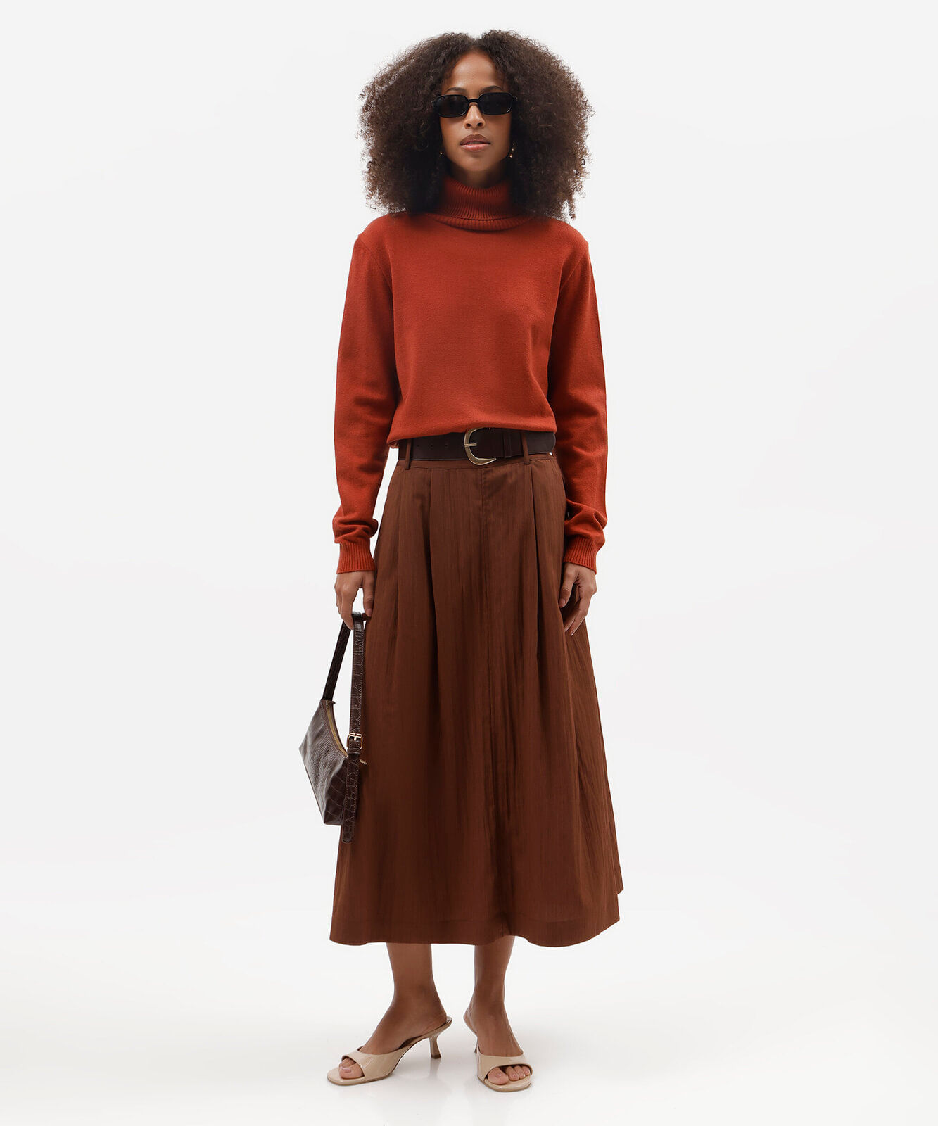 saia midi feminina com cinto texturizada marrom