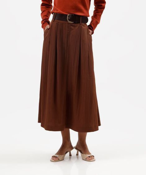 saia midi feminina com cinto texturizada marrom