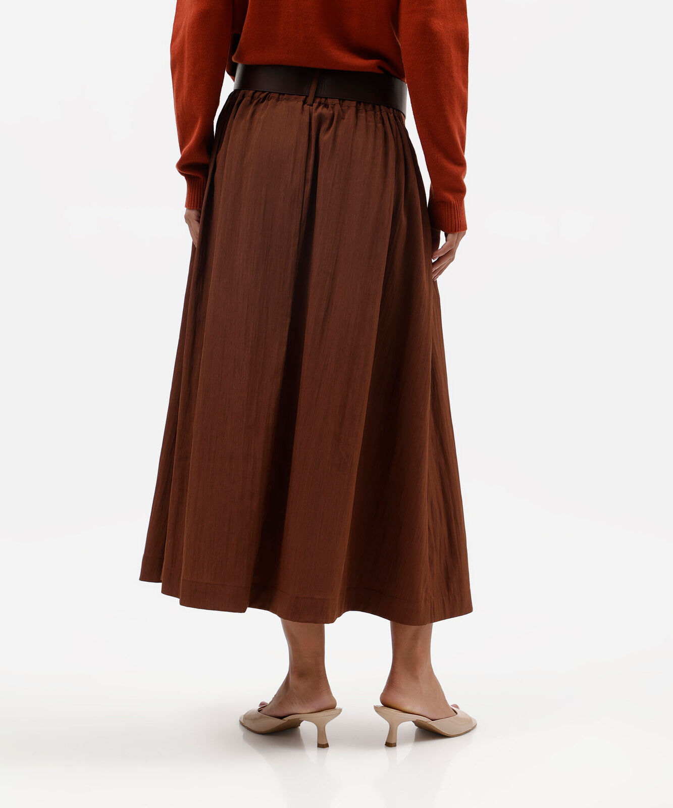 saia midi feminina com cinto texturizada marrom