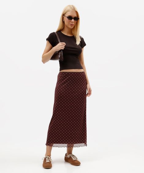 saia midi feminina de tule poá marrom