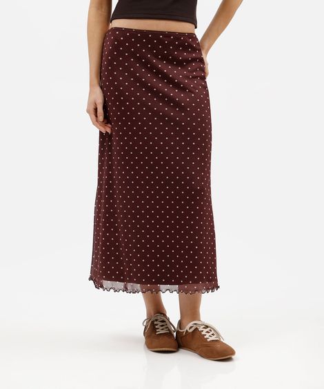 saia midi feminina de tule poá marrom