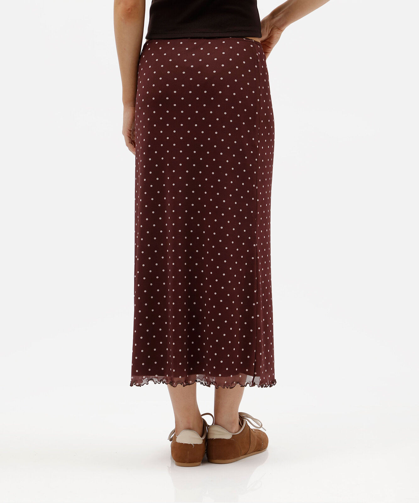 saia midi feminina de tule poá marrom