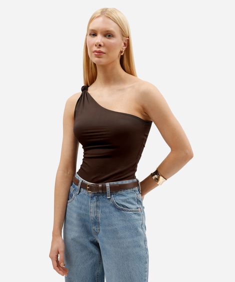 blusa ombro único feminina franzida com nó marrom