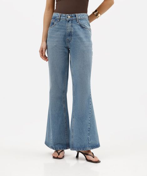 calça flare feminina jeans cintura média azul