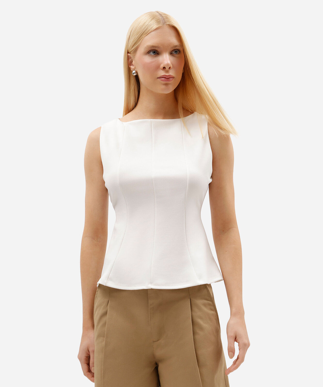 regata feminina peplum com recortes off white