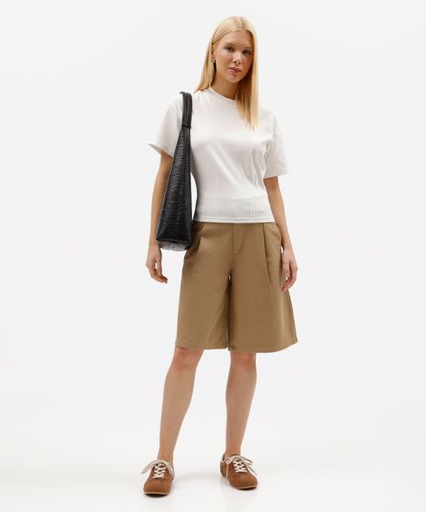 bermuda jorts feminina de sarja com pregas cintura média bege