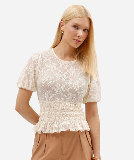 blusa feminina de renda manga bufante franzida floral bege