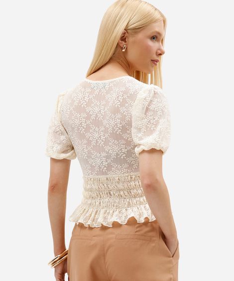 blusa feminina de renda manga bufante franzida floral bege