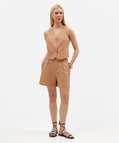 short de alfaiataria feminino com linho e cinto marrom