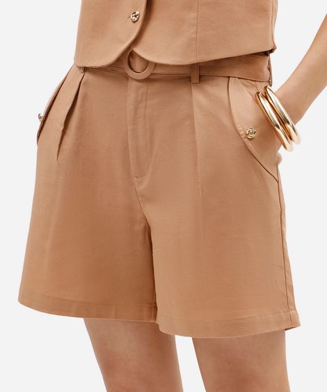 short de alfaiataria feminino com linho e cinto marrom