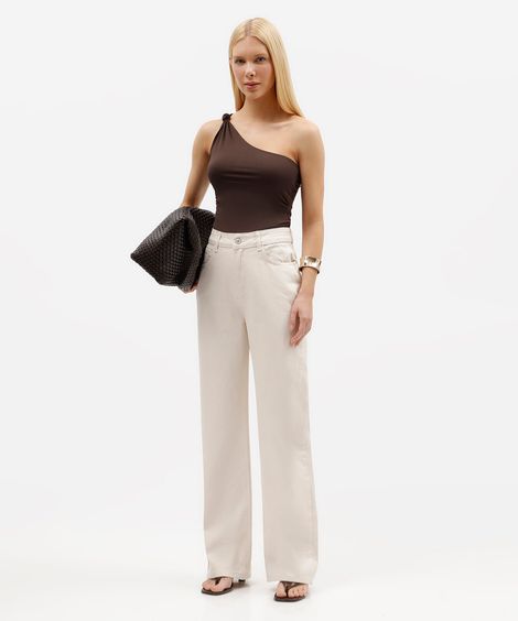 calça wide leg feminina de sarja cintura alta bege
