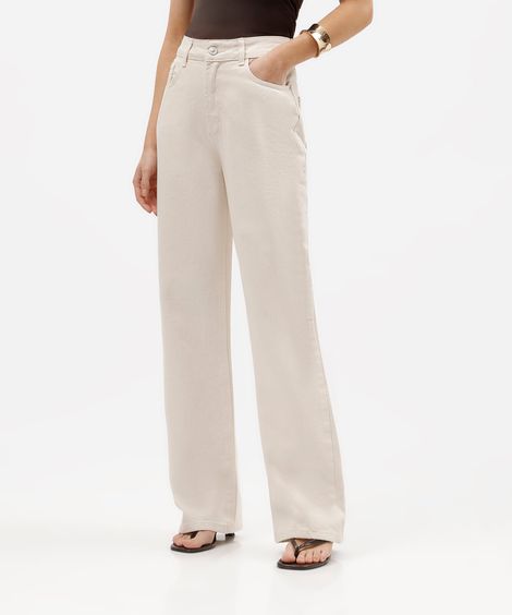 calça wide leg feminina de sarja cintura alta bege