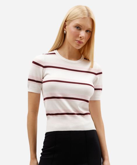 blusa feminina de tricot manga curta listrada off white