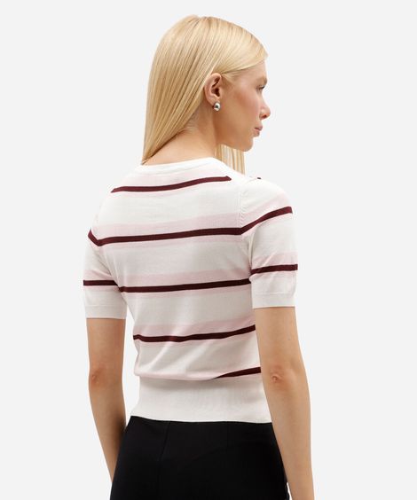blusa feminina de tricot manga curta listrada off white