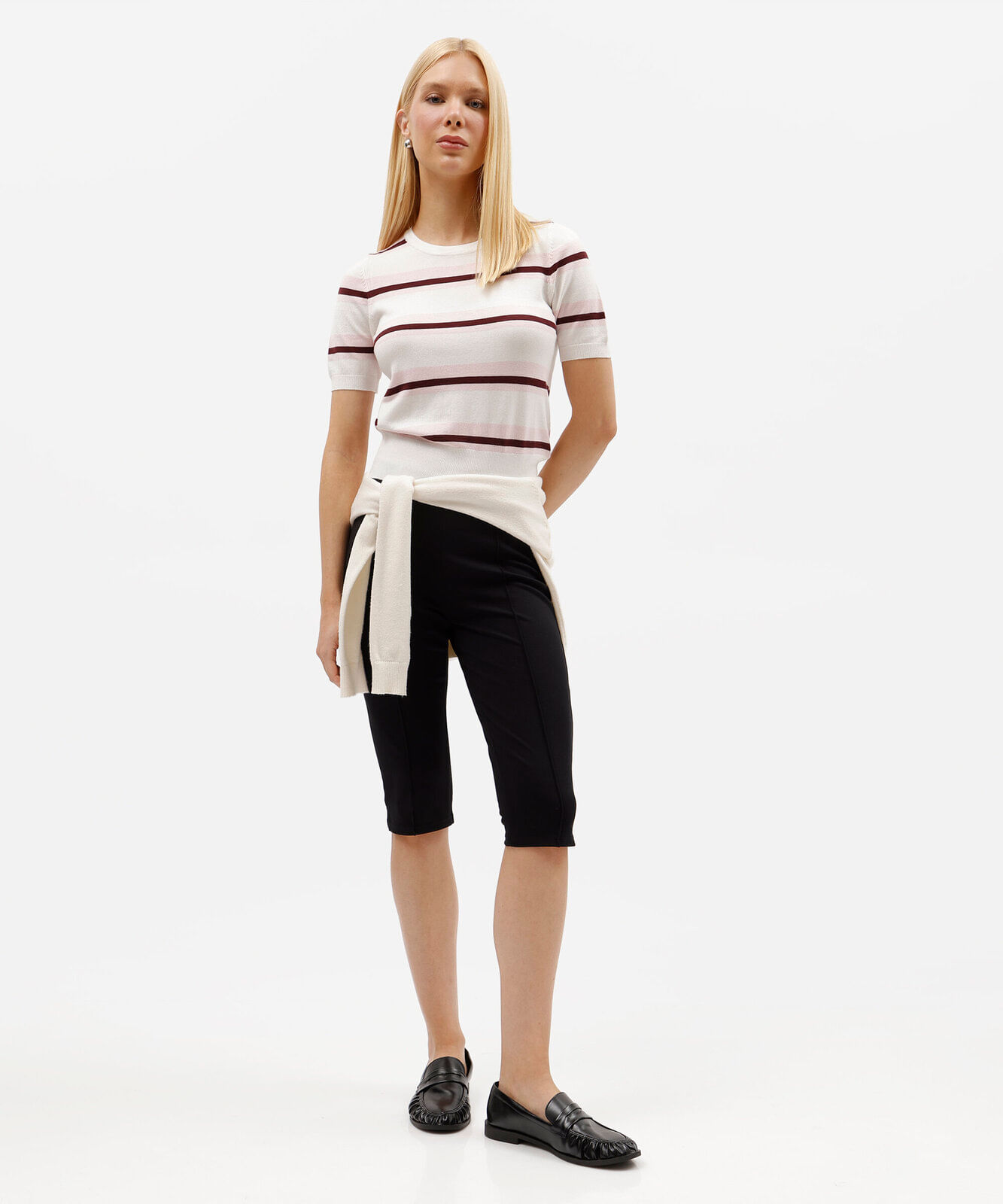 blusa feminina de tricot manga curta listrada off white
