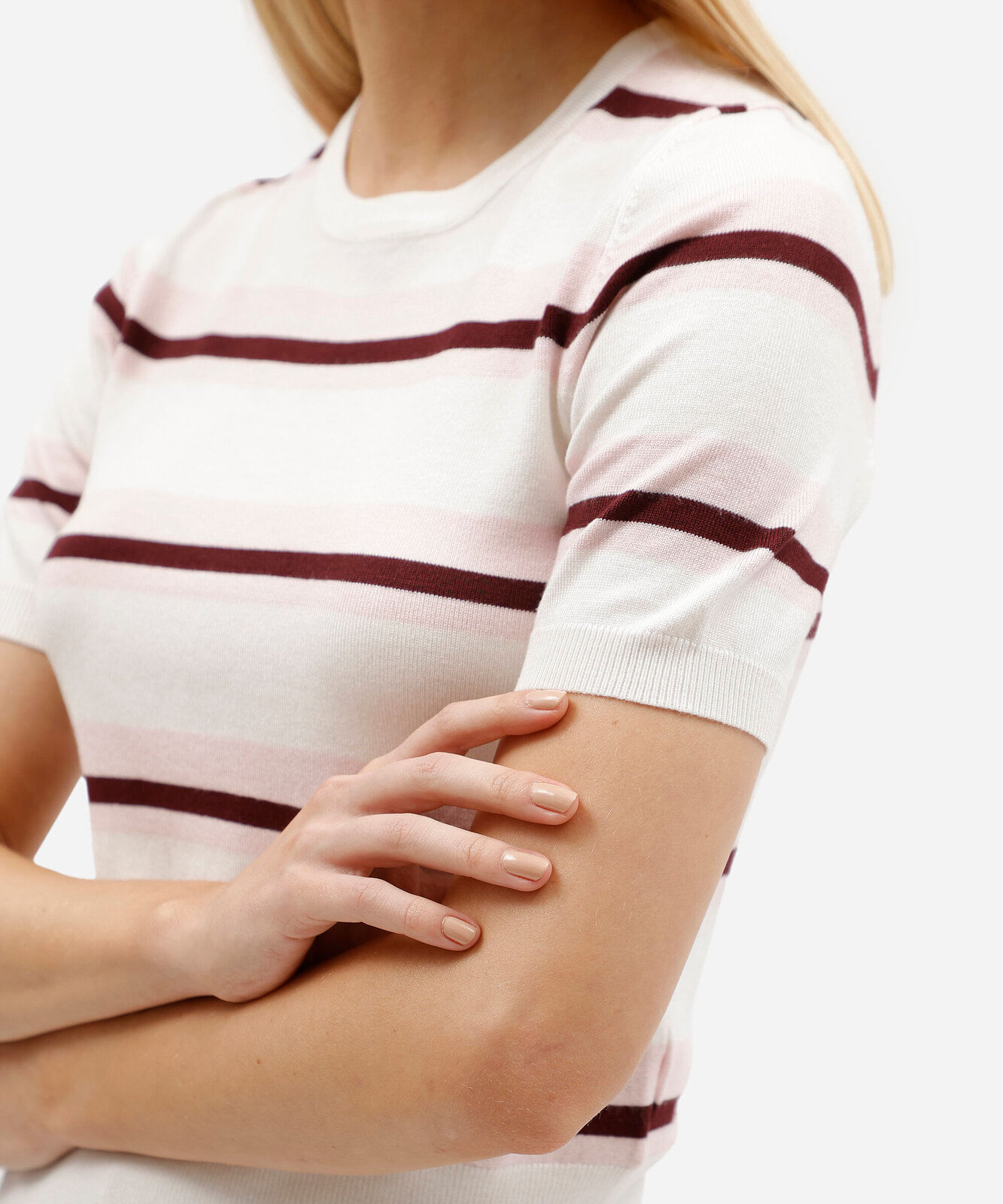 blusa feminina de tricot manga curta listrada off white