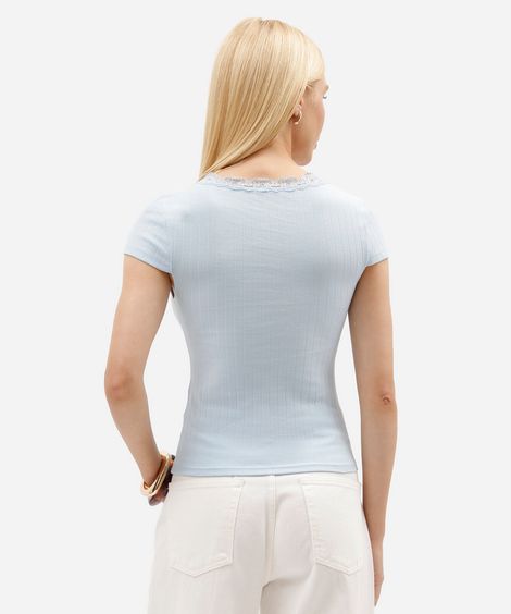 blusa baby look feminina de algodão com renda manga curta azul