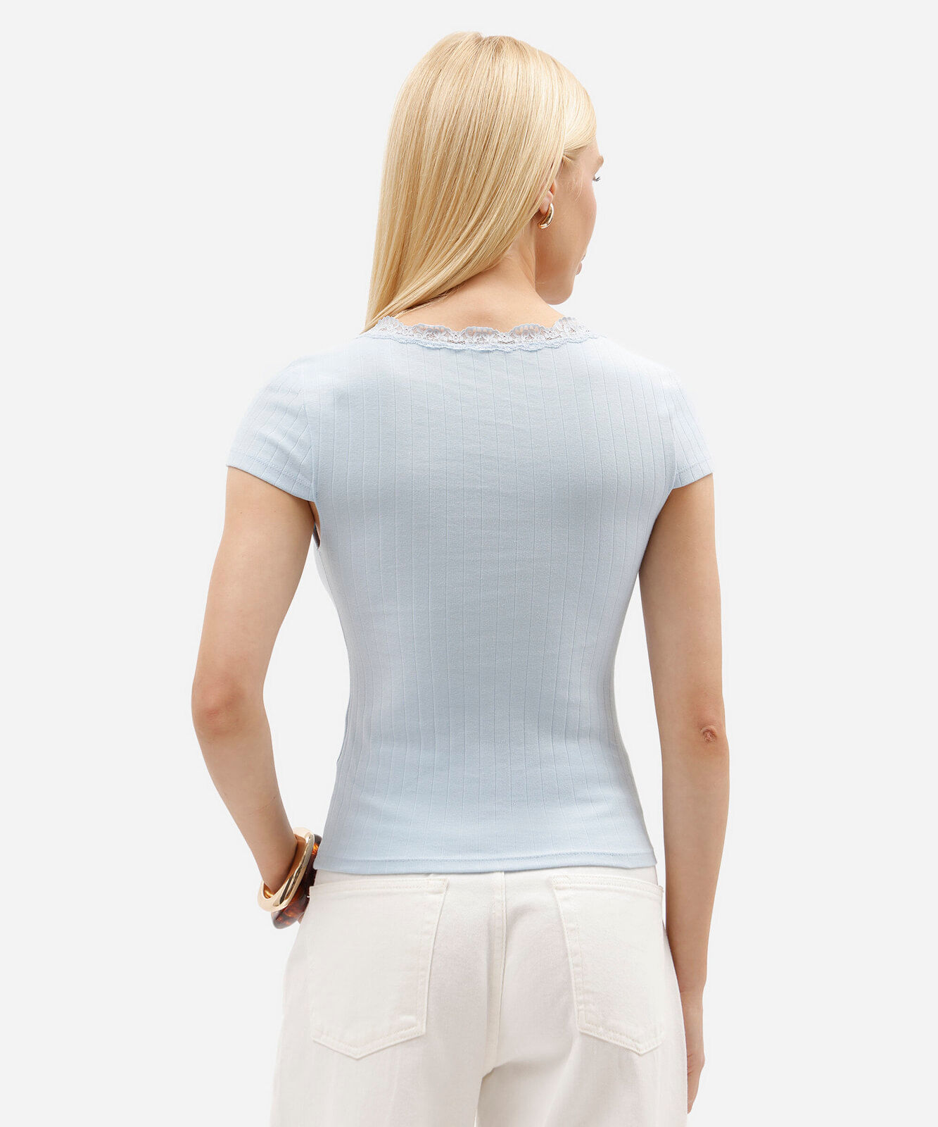 blusa baby look feminina de algodão com renda manga curta azul